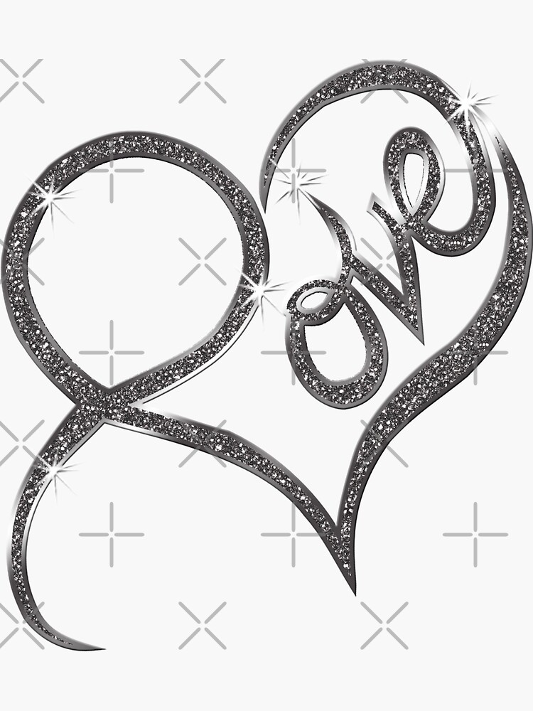 Love in Silver Glitter with a Metallic Outline Shaped into a Heart