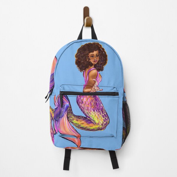 Item preview, Mermaid with rainbow coloured colored fins, outstretched arm, brown eyes, Curly hair and caramel brown skin - light background designed and sold by Artonmytee.