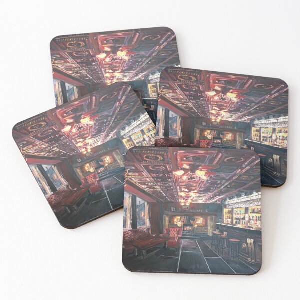 Item preview, Romantic Night at Rustic Fireside Bar Scene with Village Street View designed and sold by artshop77.
