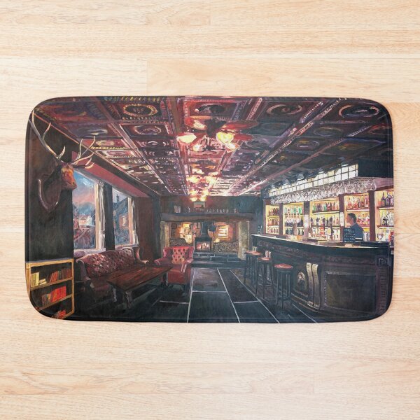 Item preview, Romantic Night at Rustic Fireside Bar Scene with Village Street View designed and sold by artshop77.