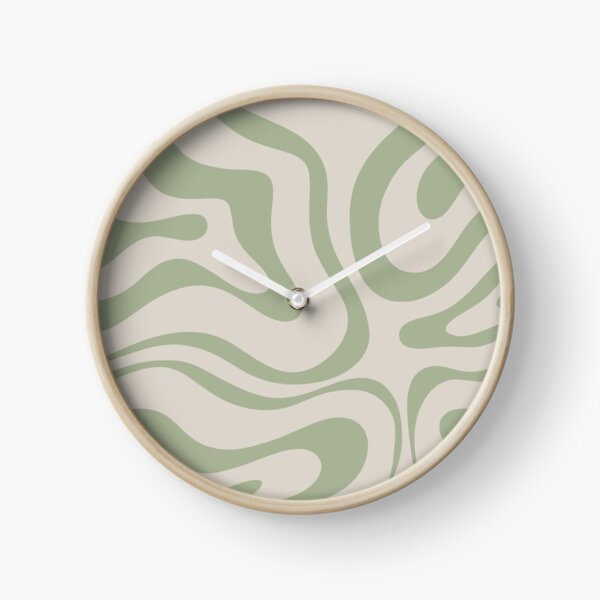 Liquid Swirl Abstract Pattern in Beige and Sage Green Clock