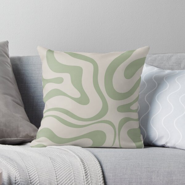 Liquid Swirl Abstract Pattern in Beige and Sage Green Throw Pillow