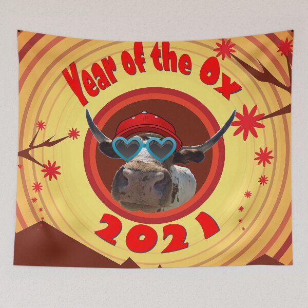 Item preview, Year of the Ox with Red Hat and Heart Shaped Sunglasses designed and sold by AliCatOriginals.