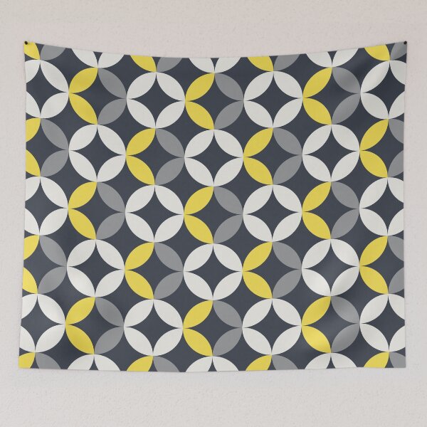 Item preview, Geometric floral ornament in yellow and gray color palette on a black background designed and sold by acidmit.