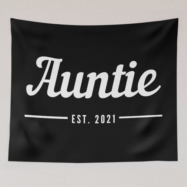 Item preview, Auntie. Established 2021. Text only design. White text. Cursive, script handwriting. Retro. designed and sold by JellyBeenzz.