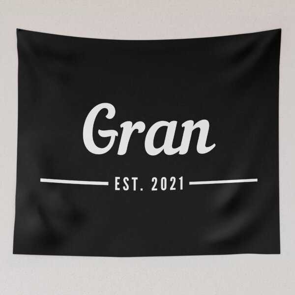 Item preview, Gran. Established 2021. Text only design. White text. Cursive, script handwriting. Retro. designed and sold by JellyBeenzz.