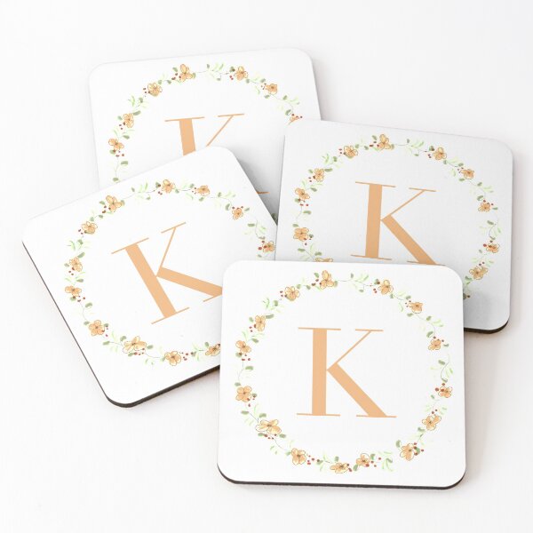Item preview, Letter K monogram peach colored flowers and leaves designed and sold by Createlikeamom.