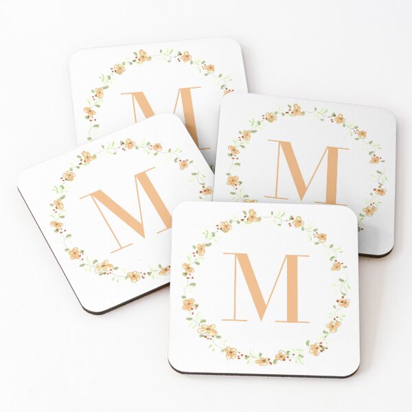 Item preview, Letter M monogram peach colored flowers and leaves designed and sold by Createlikeamom.