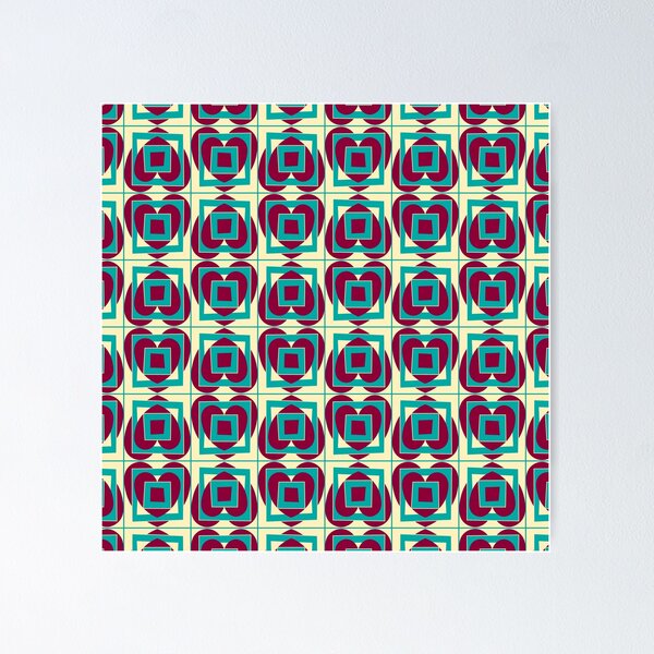 Item preview, Geo Hearts and Squares, retro fashion print, teal and dark red on pale yellow designed and sold by Susan Marie Williams.