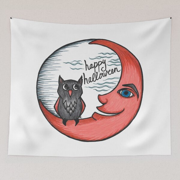 Item preview, Owl and Crescent Moon - Happy Halloween designed and sold by The White Bat.