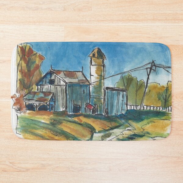 Item preview, Rustic Barn Watercolor and Ink Painting of a Barn with Silo during Autumn designed and sold by AliCatOriginals.