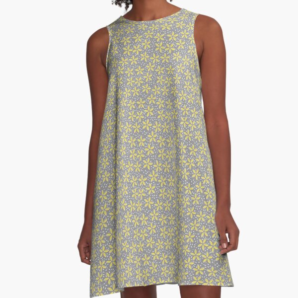 Pantone 2021 colours, Ultimate Gray and Illuminating, yellow flowers and white flecks A-Line Dress