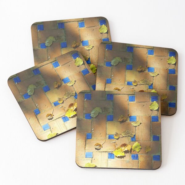 Item preview, Red brick and deep blue tiles with autumn leaves in evening sunlight. designed and sold by janesg.