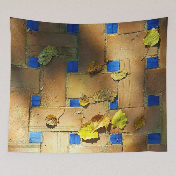 Item preview, Red brick and deep blue tiles with autumn leaves in evening sunlight. designed and sold by janesg.