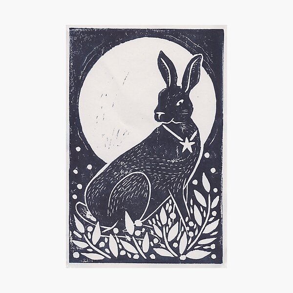 Hare and Moon Lino Print Photographic Print