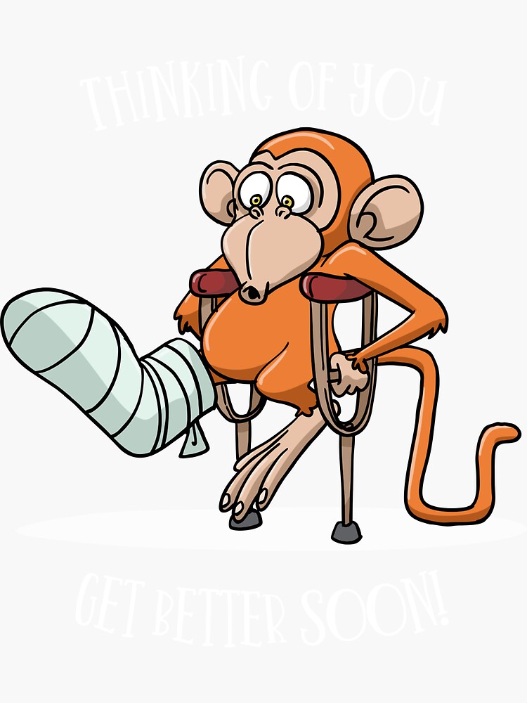 monkey-with-broken-leg-on-crutches-sticker-for-sale-by-ansgarhugo