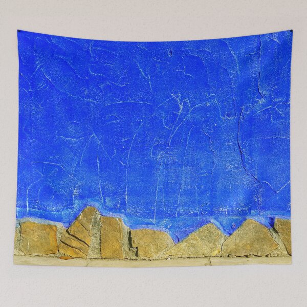 Item preview, Vivid blue rough plaster wall with random stone edge. designed and sold by janesg.