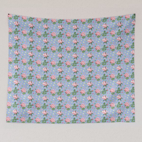 Item preview, seamless pattern with watercolor hand drawn roses, leaves and multicolor confetti on the blue background designed and sold by linagaiaart.