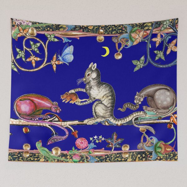 Item preview, WEIRD MEDIEVAL BESTIARY THREE HUNTER CATS AND MOUSE IN NIGHT BLUE designed and sold by BulganLumini.