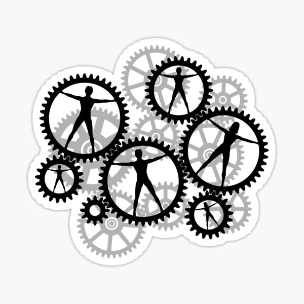 Man and woman inside the gears. Sticker