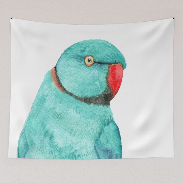 Item preview, Blue Rose-ringed parakeet or ring-necked parrots watercolor - bird painting designed and sold by L'Atelier Oranjade.