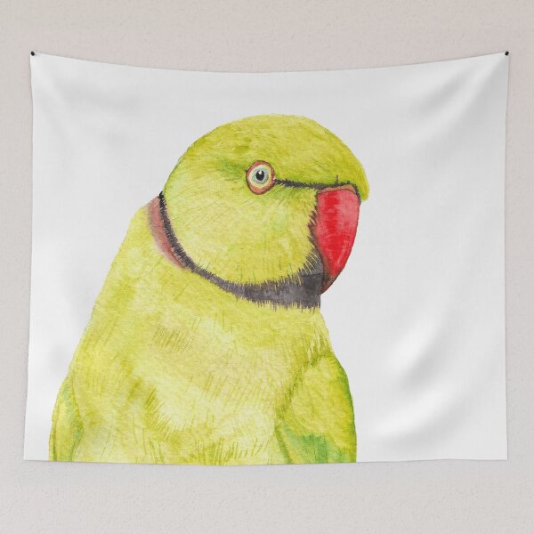 Item preview, yellow Rose-ringed parakeet or ring-necked parrots watercolor - bird painting designed and sold by L'Atelier Oranjade.