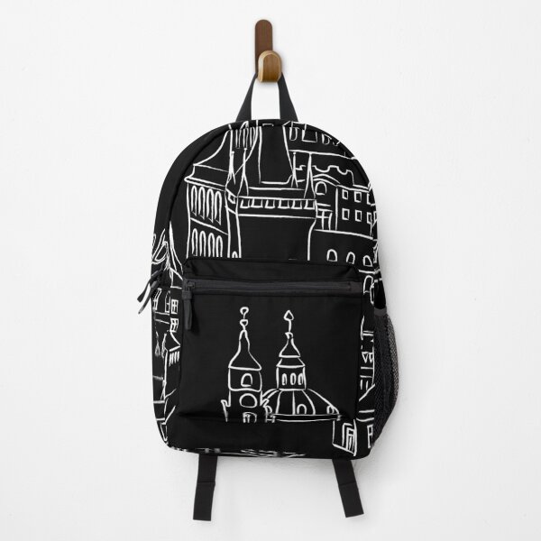 Item preview, White cartoon vector illustration of downtown Prague in chalk on black with text designed and sold by Familyshmot.