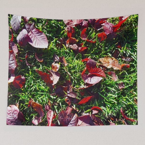 Item preview, Bright red cherry leaves on lush green grass. designed and sold by janesg.