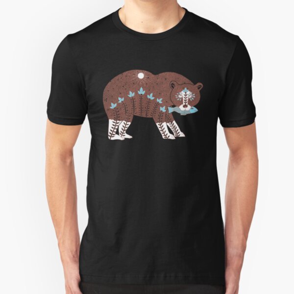Folk Art Spirit Bear with Fish Slim Fit T-Shirt