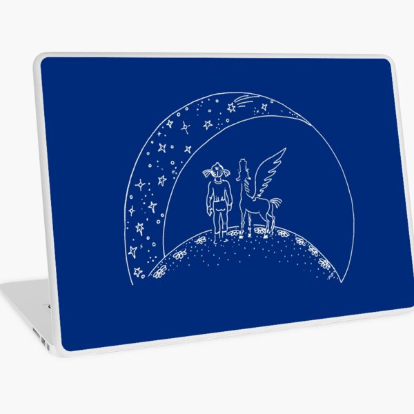 Pegasus and girl looking up at stars (white on black) Laptop Skin