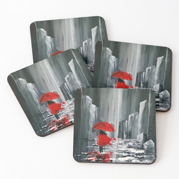 Aperçu de l'œuvre Dame en rouge, avec parapluie rouge, marchant sous la pluie, illustrations originales créée et vendue par AMS-ART.
