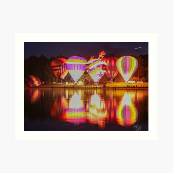 Hot Air Balloon Reflections at Night Art Print