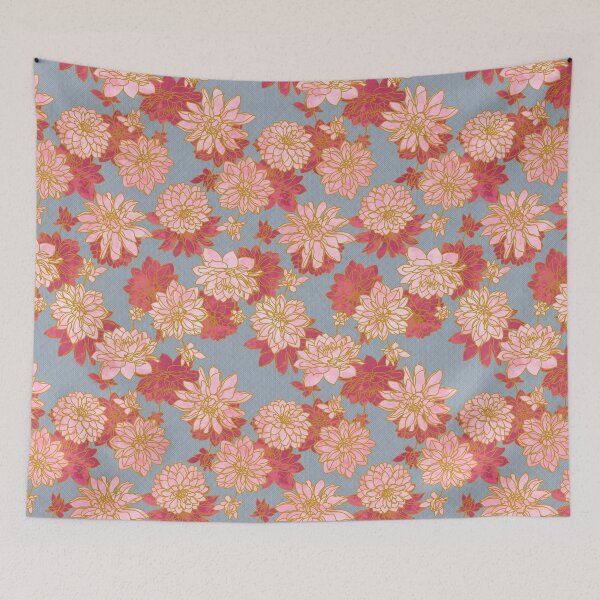 Item preview, Pink Dahlias on Blue Linen designed and sold by CaelaBeeDesigns.