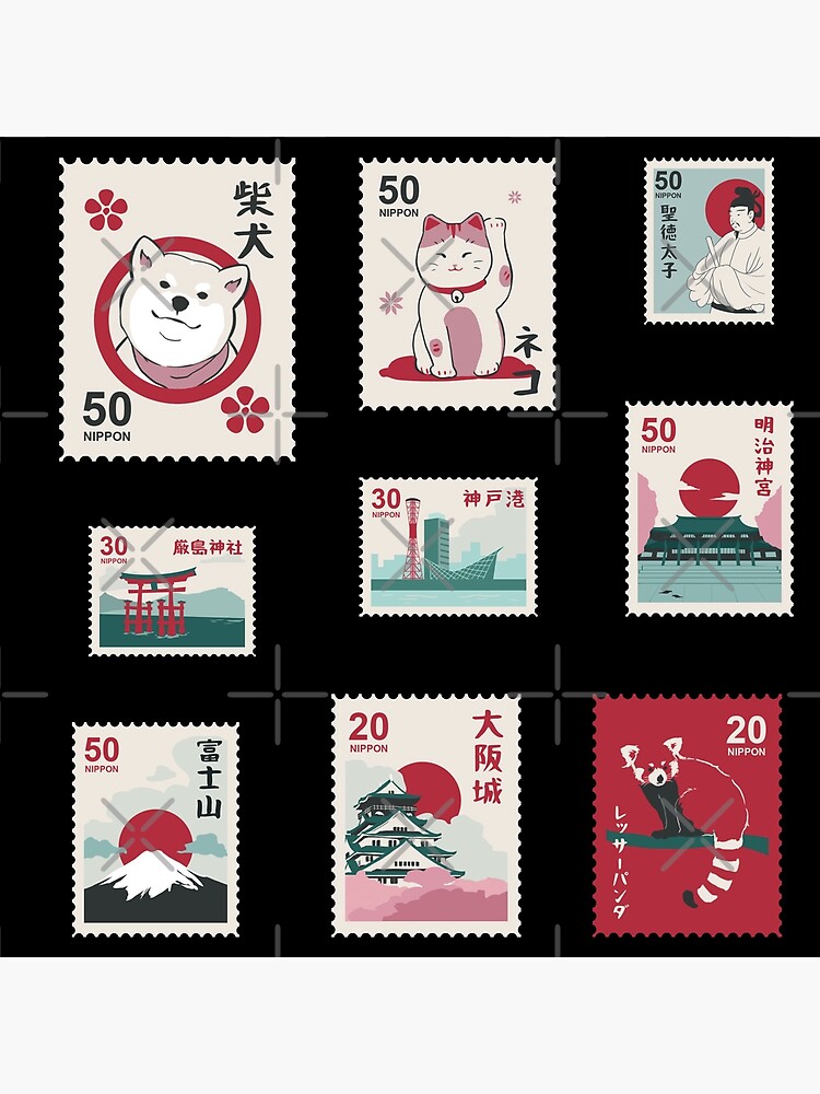 "Beautiful Japanese Stamps Sticker Pack Black Version" Poster by
