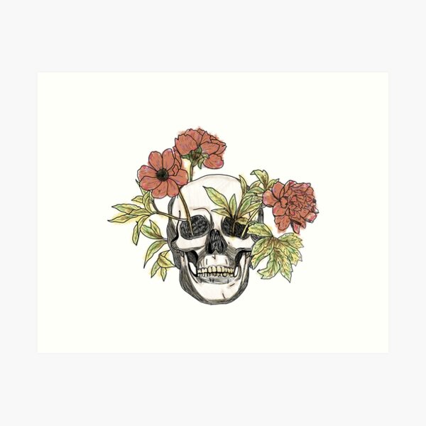 Realistic skull with flowers and leaves Art Print