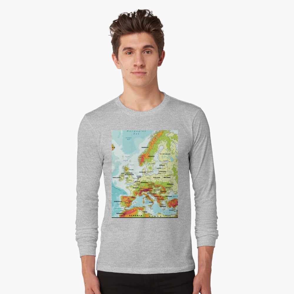  map of Europe with countries and names of their capitals Long  Sleeve T-Shirt : Clothing, Shoes & Jewelry