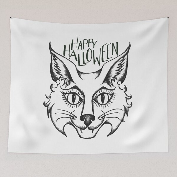 Item preview, Black and White Retro Cat Face - Happy Halloween designed and sold by The White Bat.