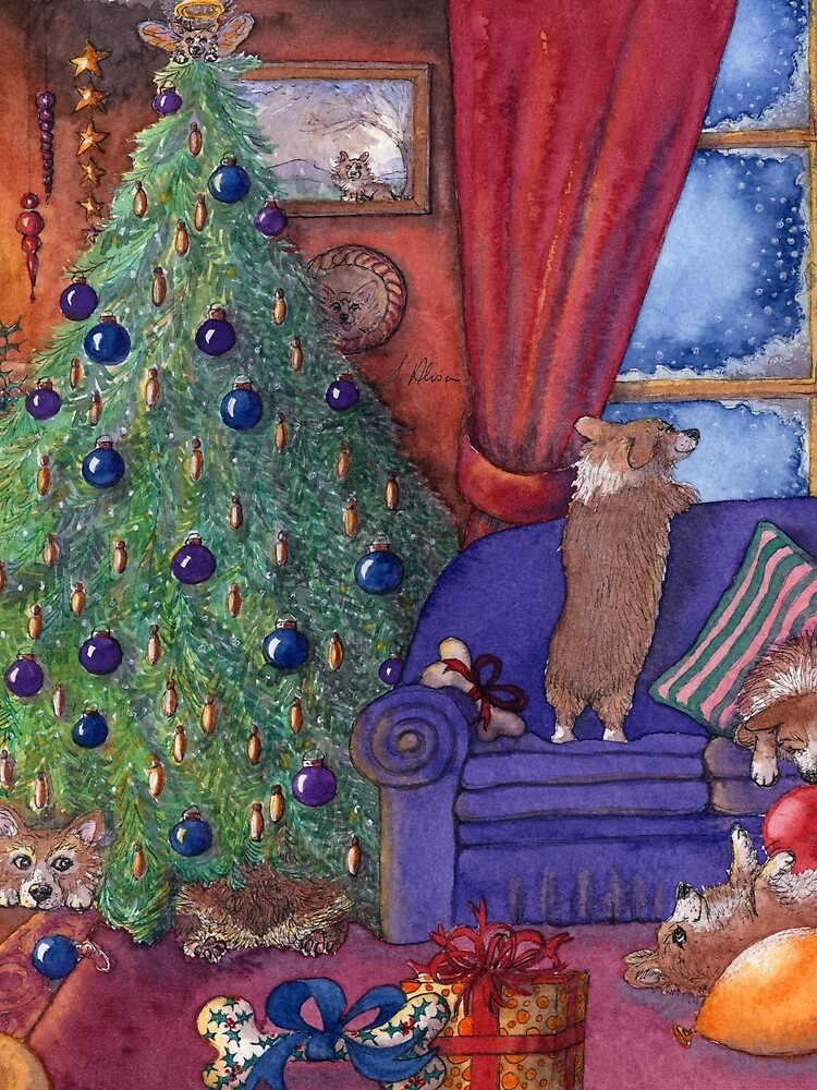 Thumbnail 3 of 3, Scarf, Corgi dogs excited on Christmas eve, watching for Santa designed and sold by SusanAlisonArt.