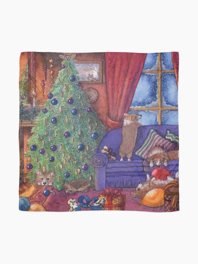 Thumbnail 2 of 3, Scarf, Corgi dogs excited on Christmas eve, watching for Santa designed and sold by SusanAlisonArt.
