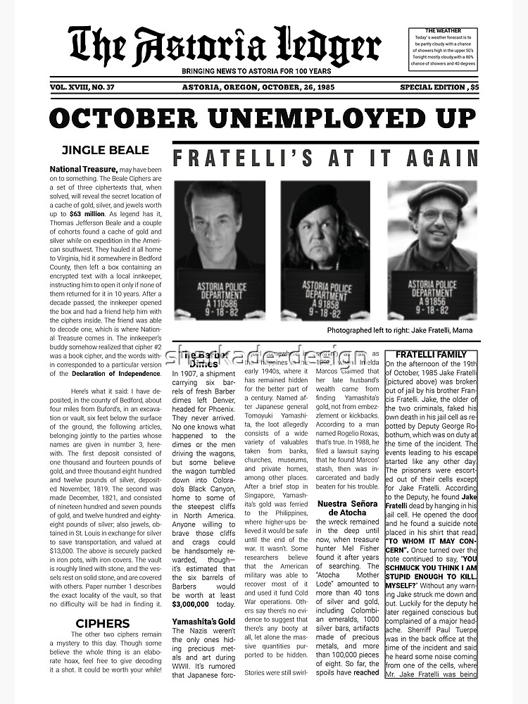 "Goonies Astoria Ledger newspaper "FRATELLI"" Poster for Sale by