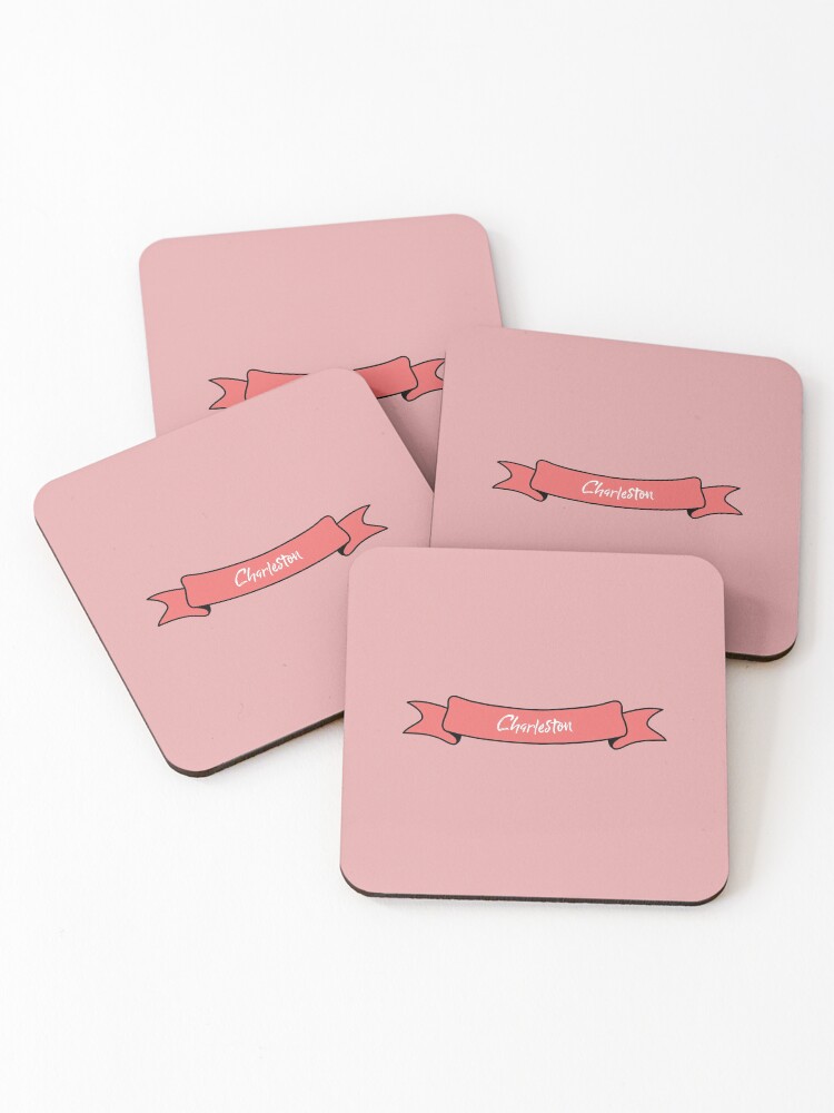 Thumbnail 1 of 5, Coasters (Set of 4), Charleston - Ribbon Label (pink) designed and sold by CityCollection.
