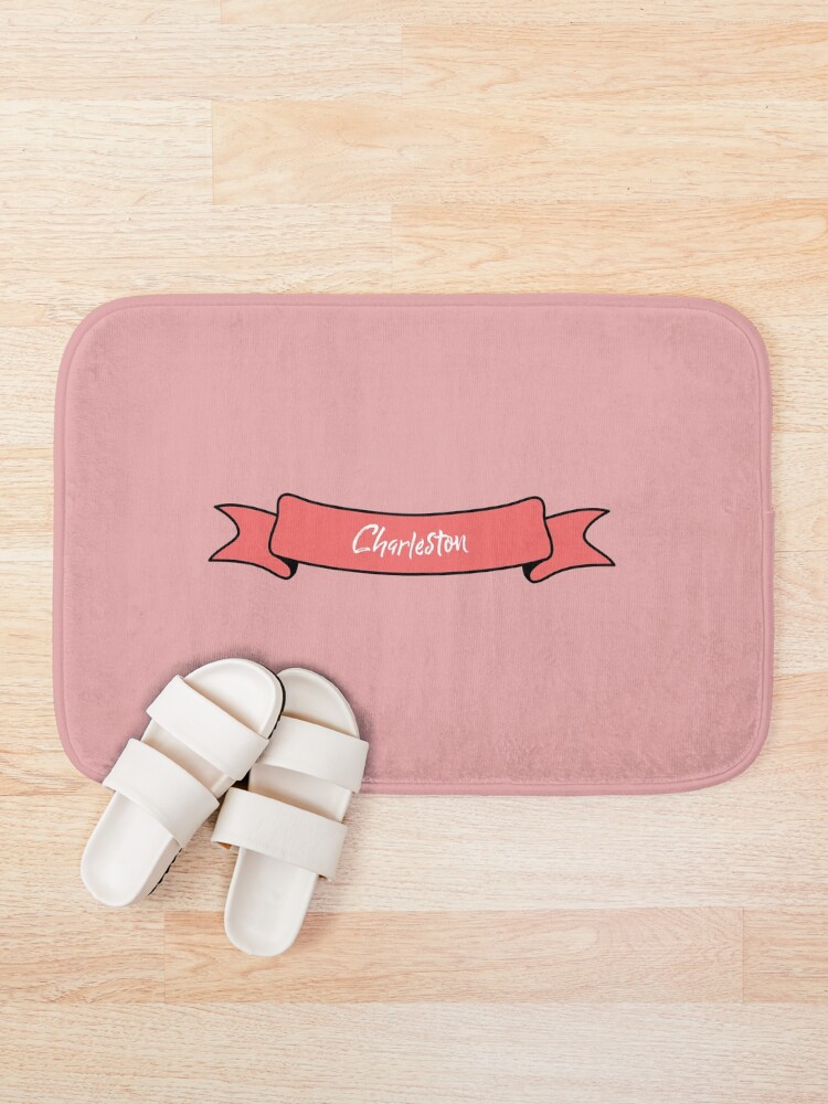 Thumbnail 1 of 6, Bath Mat, Charleston - Ribbon Label (pink) designed and sold by CityCollection.
