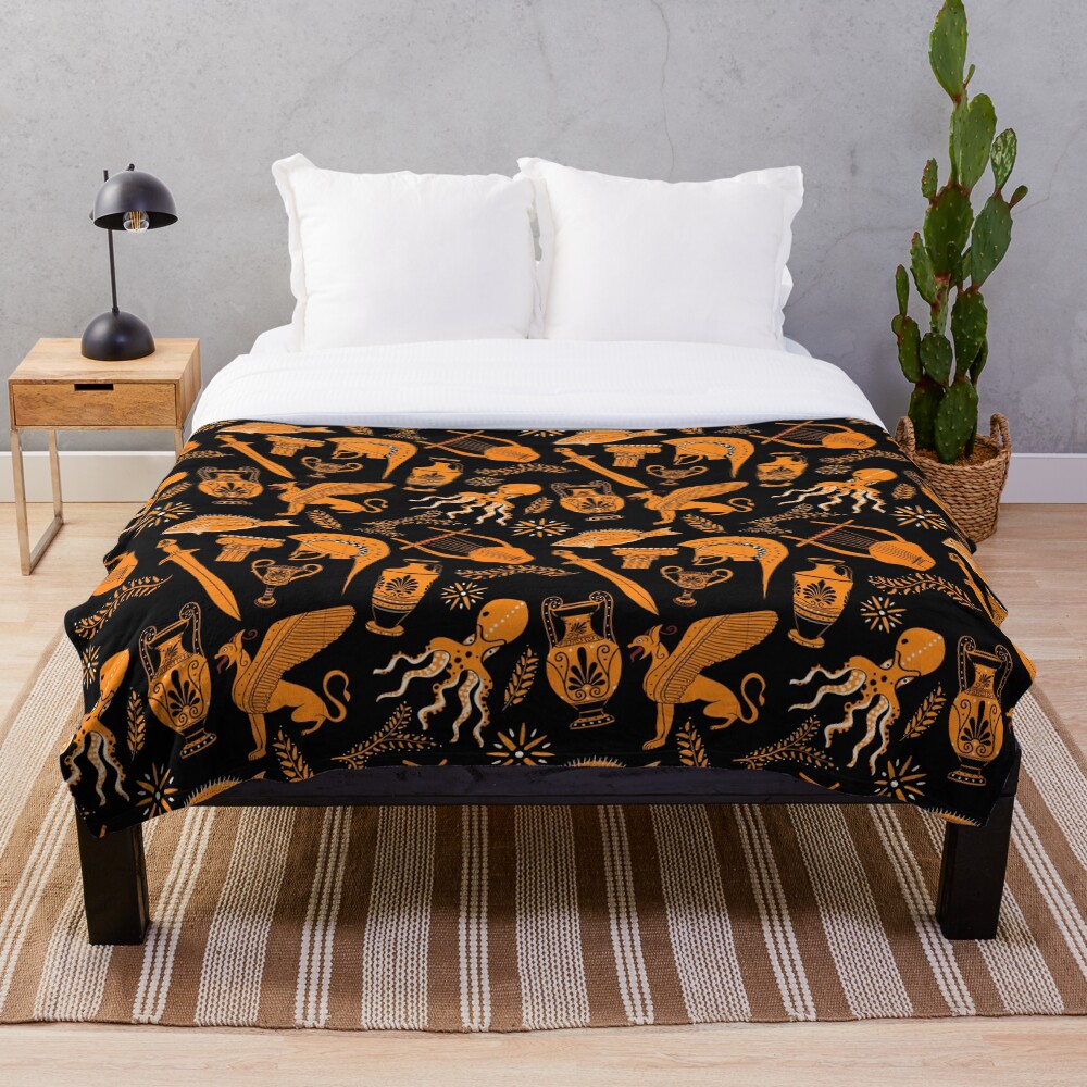 "Ancient Greek Red Figure Pottery Pattern" Throw Blanket by