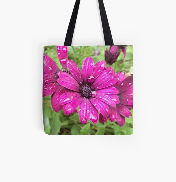 Raindrops on Purple Daisies Photography All Over Print Tote Bag