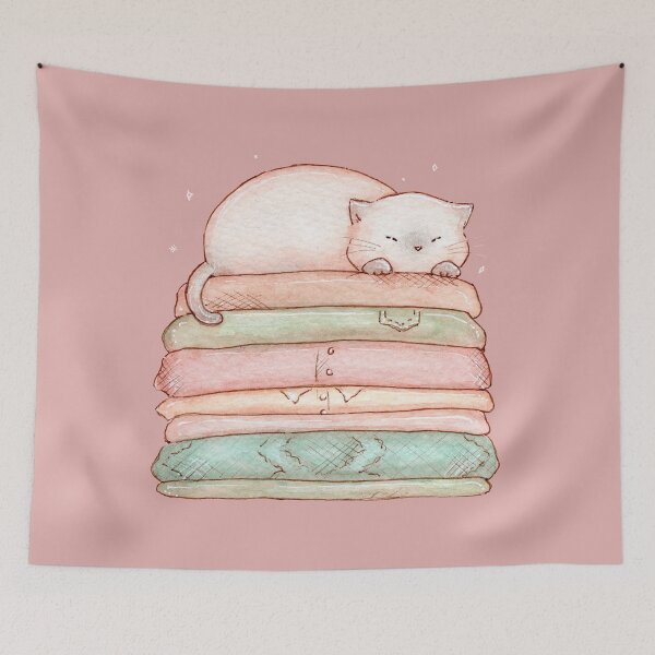 Item preview, Cat sleeping on clean clothes - Cats & Laundry designed and sold by Denise, Denisn't.
