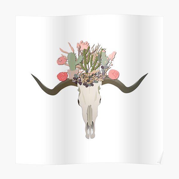 Bull Skull With Cacti Crown - Hand Painted Watercolor Poster