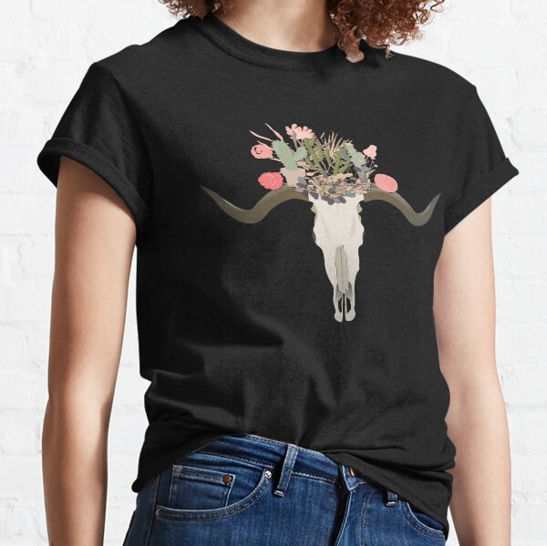 Bull Skull With Cacti Crown - Hand Painted Watercolor Classic T-Shirt