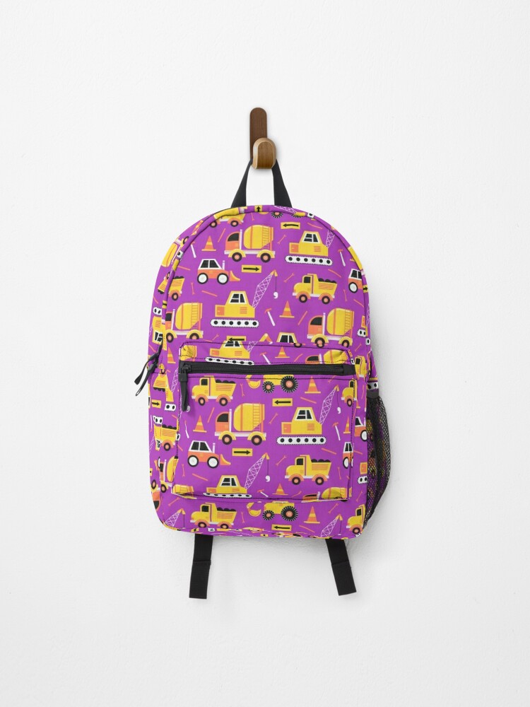 Backpack, Construction Trucks on Bright Purple designed and sold by latheandquill