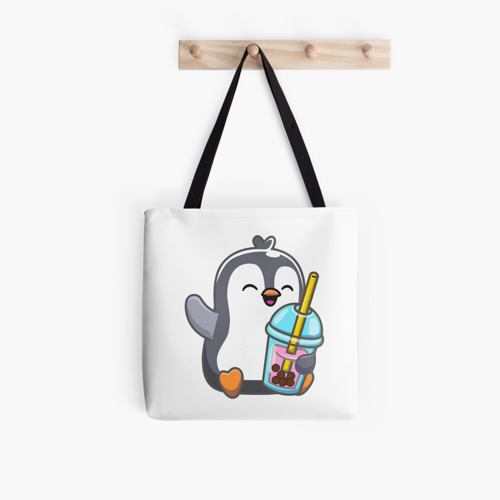 "Cute Penguin Drinking Milk Tea Boba Cartoon Icon Illustration. Animal