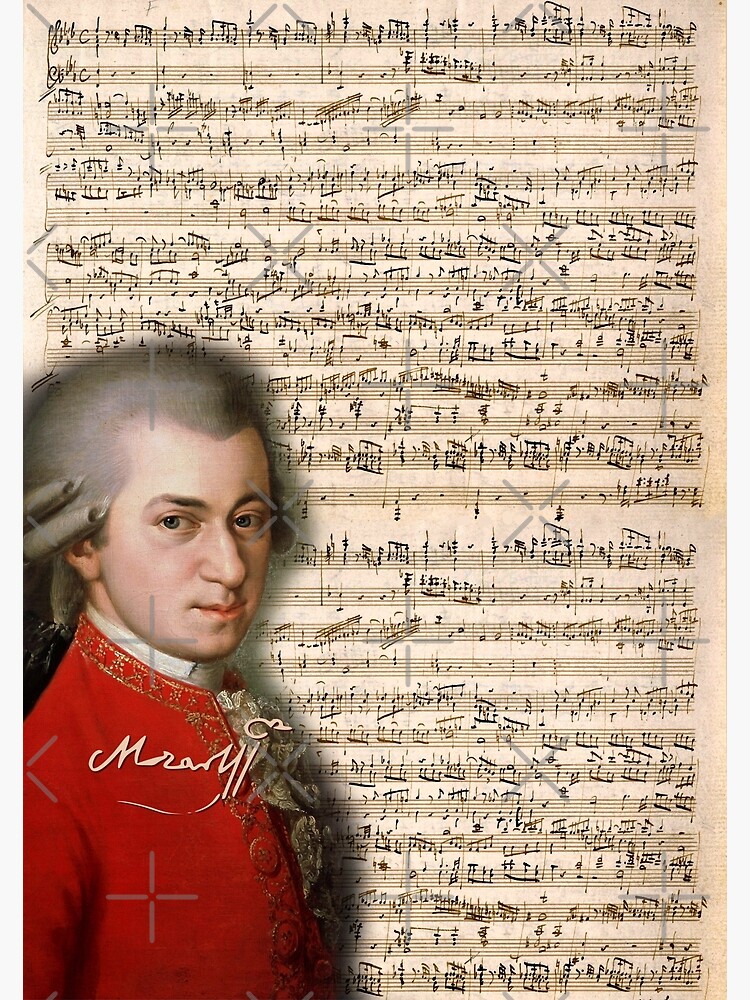 "Mozart portrait and signature with original handwritten music sheet